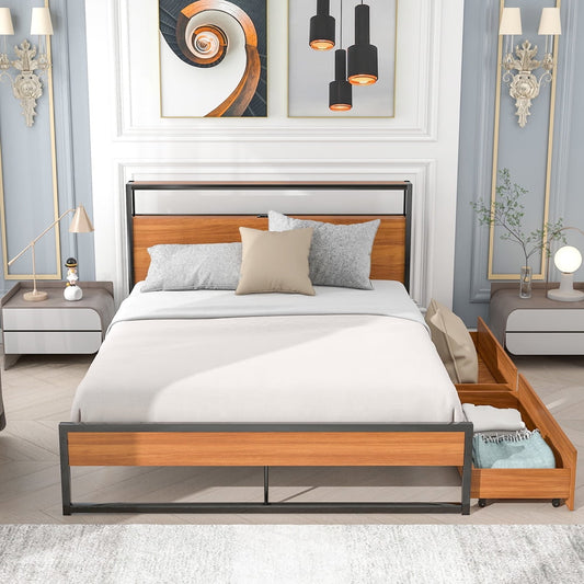 Sesslife Queen Bed with 2 Drawers, Queen Size Metal Platform Bed Frame with Sockets and USB Ports, Modern Rustic Bed Frame No Box Spring Needed, 770 LBS Capacity Bed with for Kid Teen Adult, Black
