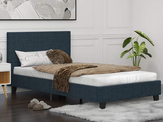 SESSLIFE Platform Bed Frame, Full Bed Frames with Mattress Foundation, Upholstered Linen Bed Frame with Fabric Headboard, Wood Slats Support, Full Size Metal Frame, Blue, X2310