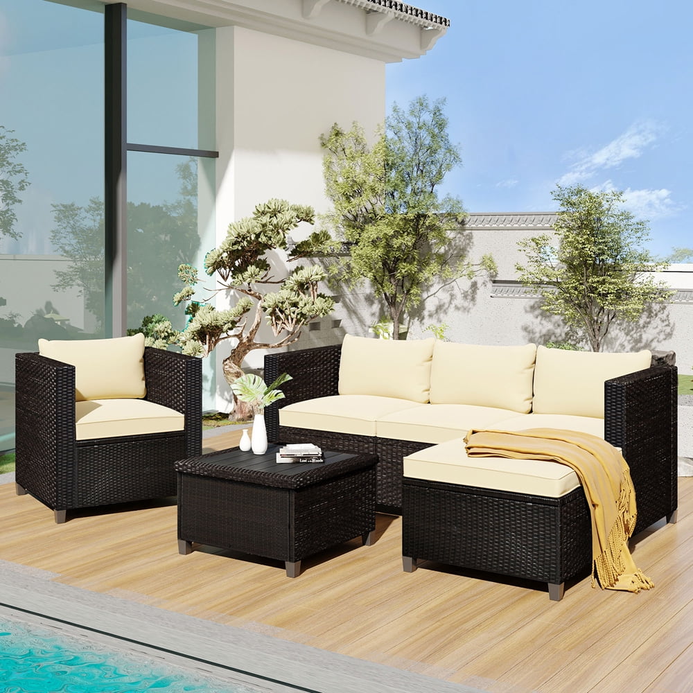 Brown Wicker Outdoor Furniture Sets, Sesslife 5 Piece Sectional Sofa Set with PE Rattan 3-Seater Sofa, Coffee Table, Chair, Beige Cushions, Patio Seating Conversation Set for Backyard, Porch, Garden