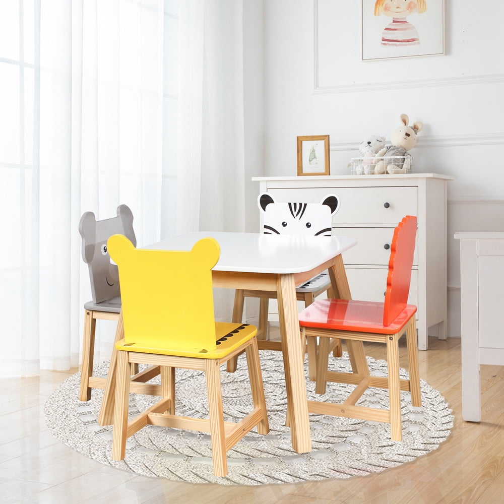 5 Piece Table and Chair Set, SESSLIFE Kids Wood Table with 4 Chairs Set Cartoon Animals Theme, Kids Activity Set for 2-7 Years Old, Multi-functional Arts & Crafts Table Set, Homework Table, X189