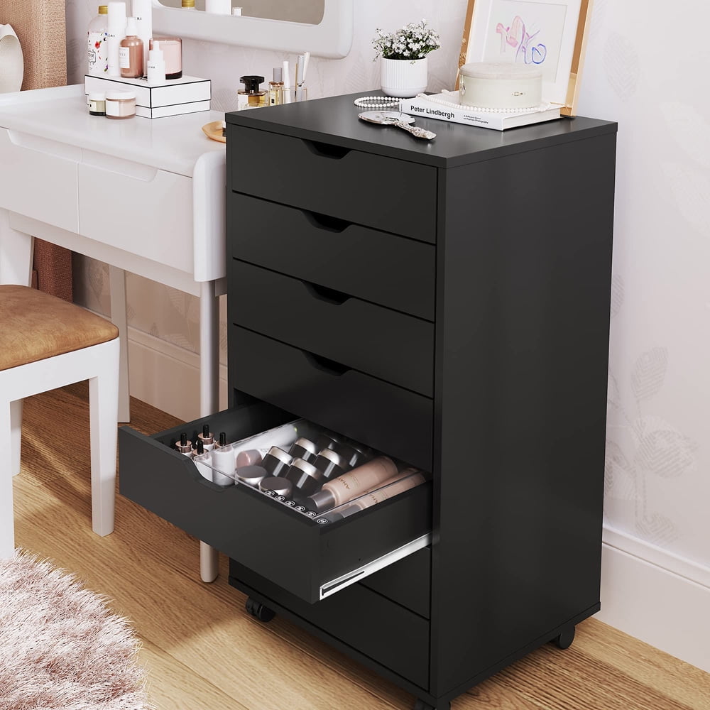 Sesslife Wood Dresser for Bedroom, 7 Drawer Dresser with 360¡ã Removable Casters for Living Room Office, Black Chest of Drawers, Modern Storage Cabinet 18.9"L x 15.7"W x 34.5"H