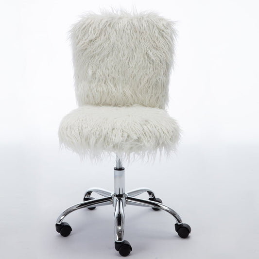 Adjustable Swivel Vanity Chair, SESSLIFE Faux Fur Upholstery Chair for Bedroom Office Vanity Room, Cute White Chair for Women Girls, Armless Office Chair with Adjustable Height and Wheels, X2492