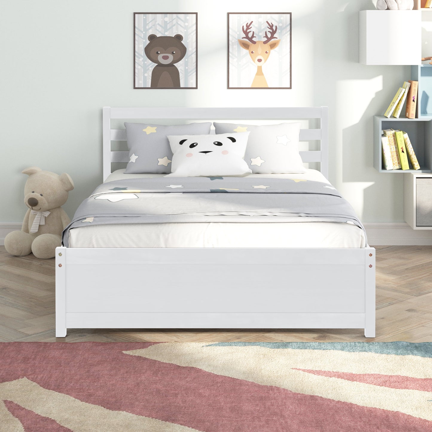 Sesslife Solid Wood Bed Frame for Kids Teens Adults, Full Platform Bed Frame with Headboard, Full Bed Frame No Box Spring Needed, White