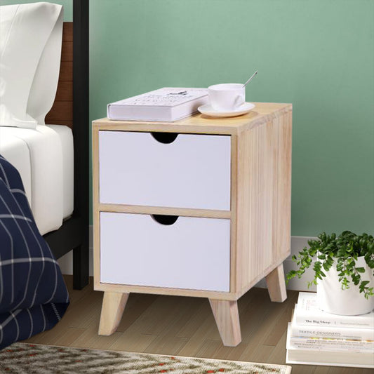 Set of 2 Bedside Table, SESSLIFE Modern Bedroom Wood Nightstand with 2 Drawers, Low Foot End Table, Log Wood & White, X343