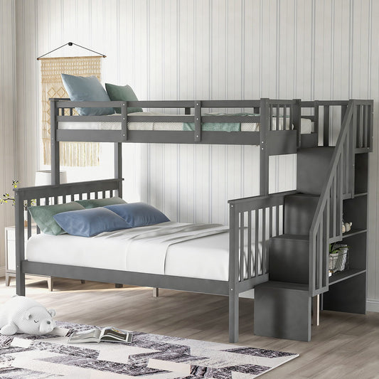 SESSLIFE Wood Twin Over Full Bunk Bed for Kids, Bunk Bed with Stairs and Storage Shelves for Boys Girls Bedroom, Bed Frame with Safety Guardrails & Slats Support, No Box Spring Needed, Gray, X2121