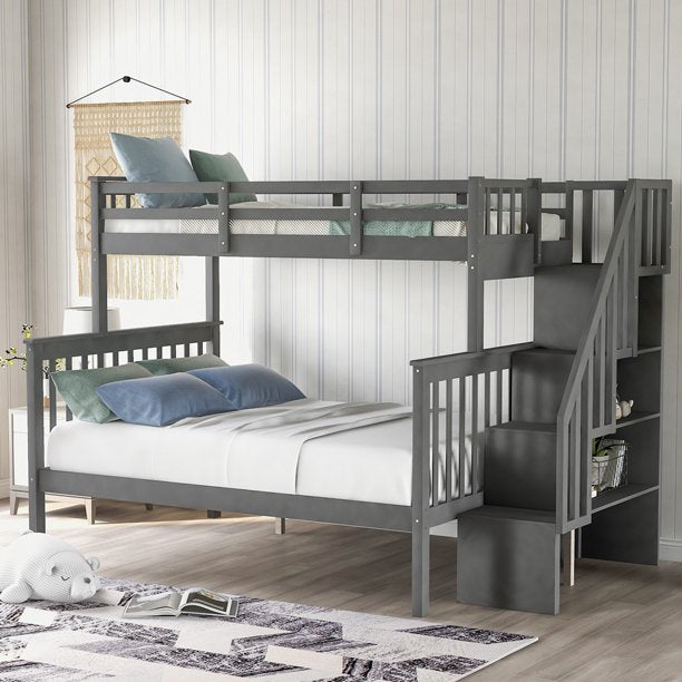 Wood Twin Over Full Bunk Bed for Kids, SESSLIFE Bunk Bed with Stairs and Storage Shelves, Bed Frame with Safety Guardrails & Slats Support, No Box Spring Needed, Gray, X2130