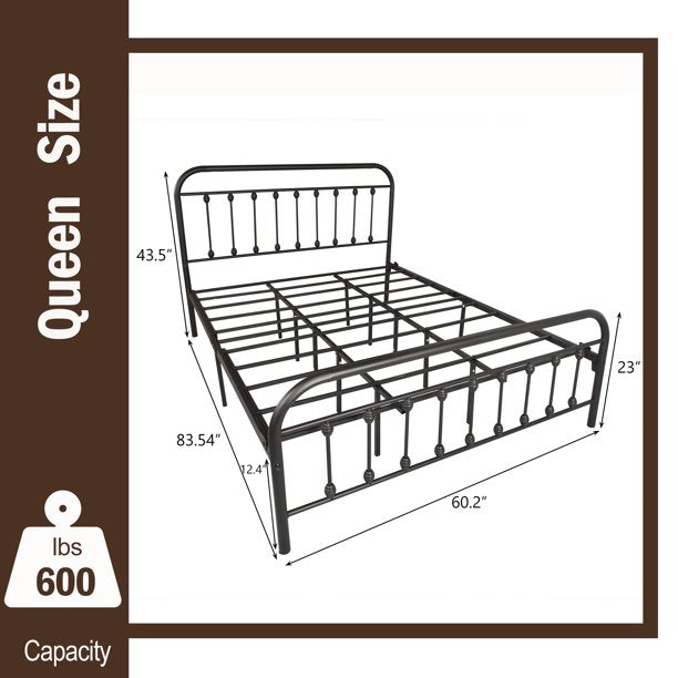 SESSLIFE Queen Size Bed Frame, Antique Queen Platform Bed Frame with Headboard and Footboard, Victorian Style Metal Platform Bed Frame with Slats Support, Black Bed Frame for Bedroom, X653