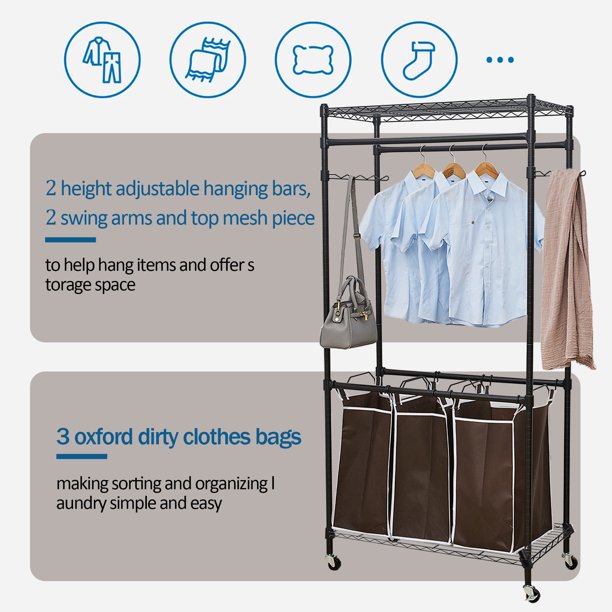 Laundry Rack with 3 Bags and Garment Rack Hanging Rod, Sesslife Laundry Cart Organizer with Swivel Casters, Steel Frame Laundry Sorter Laundry Hamper with Top Mesh, Black