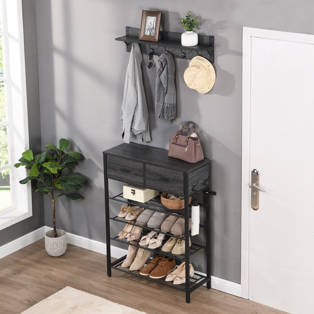 Sesslife Shoe Rack with Drawers, Rustic Shoe Storage Organizer, Multi-Function Shoe Rack with Coat Hooks for Hallway, Bathroom, Living Room, 4-Tiers Entryway Shoe Organizer Shelf, Gray