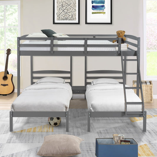 Full over Twin & Twin Wood Bunk Bed for Kids, SESSLIFE Kids Triple Bunk Bed Frame with Slats Support, Bunk Bed Frame No Box Spring Needed, Gray Bedroom Furniture for Teens, Guardrail and Slats, X2913