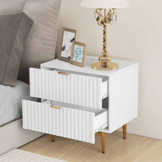 Sesslife Nightstand with 2 Drawers & USB Charging Ports, Storage Bedside Table with Golden Handle and Metal Legs, Modern and Retro Style Bedroom Furniture, Living Room End Side Table, White