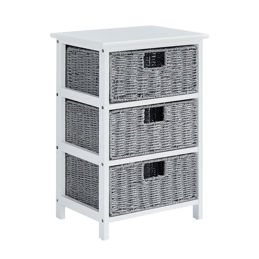 End Tables with 3 Drawers, Sesslife Tall Nightstand for Bedroom Hallway, Bedside Table with Wood Frame/Wood Top/Easy Pull Basket Bins, Accent Side Table 16.1(L)x 12.6(W)x 23.6(H)inches, Grey, X2992