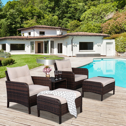 Wicker Outdoor Furniture, Sesslife 5 Piece Patio Conversation Set with 2 Footstool, 2 Single Sofa, 1 Glass Table, Patio Dining Sets for Lawn Pool, All-Weather Brown Rattan Bistro Set with Cushion