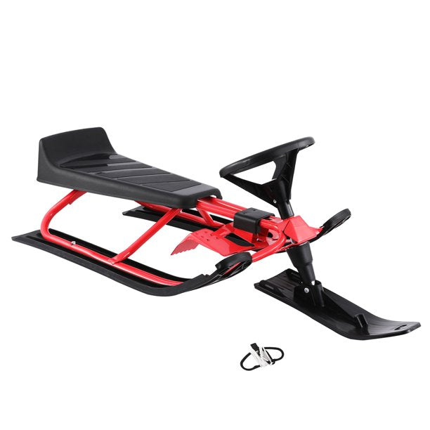 Sesslife Snow Racer Sled with Steering Wheel, Double Brakes and Pull Rope, Metal Snow Racer Sled for Kids and Adults, Red & Black