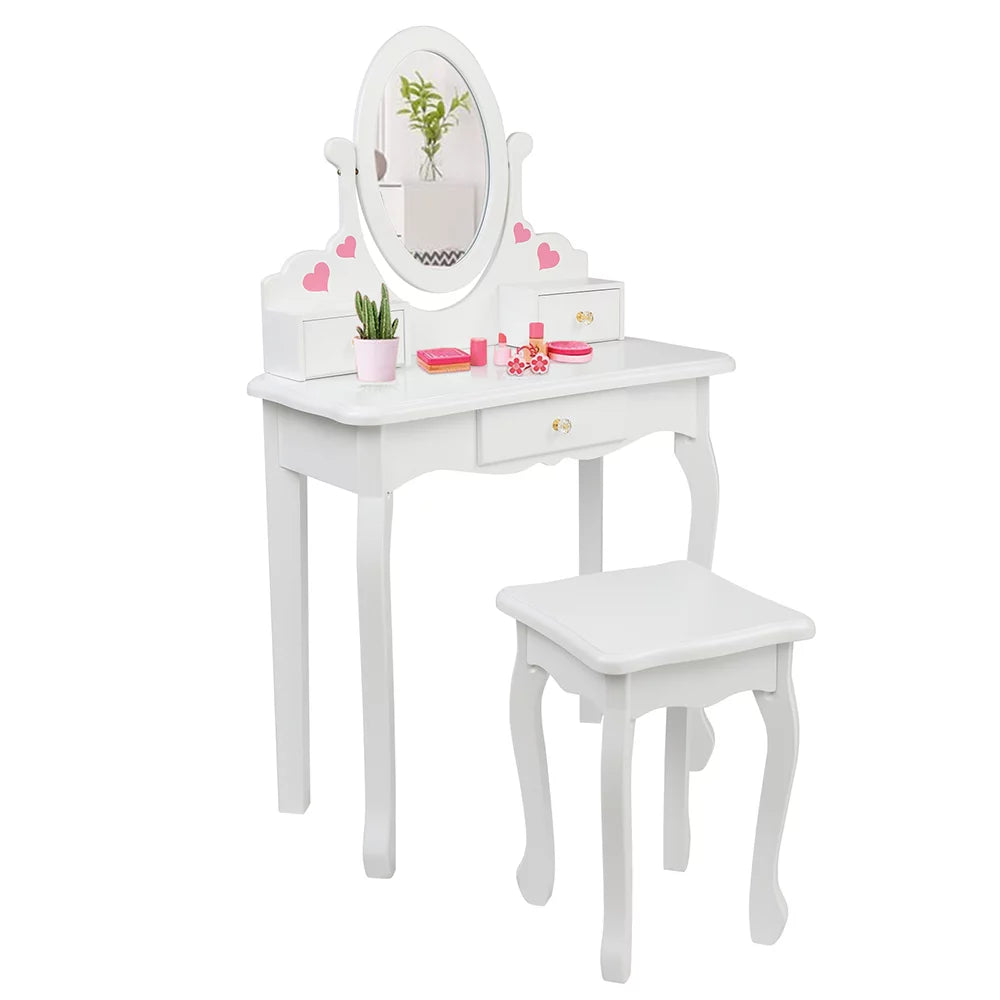 SESSLIFE Vanity Sets for Girls, White Vanity Play Set, Dressing Table Dresser Wooden Toy Makeup Vanity Table & Stool with 3 Foldable Mirror and a Drawer