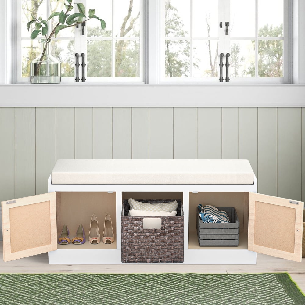 White Wood Bench, Storage Benches with Removable Cushion, Bedroom Storage Benches with 2 Cabinets and 1 Rattan Basket, 44.88"L x 15.35"W x 19.69"H, X2671