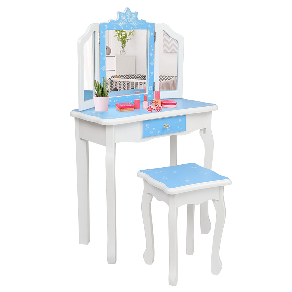 SESSLIFE Vanity Sets for Girls, White Vanity Play Set, Dressing Table Dresser Wooden Toy Makeup Vanity Table & Stool with 3 Foldable Mirror and a Drawer