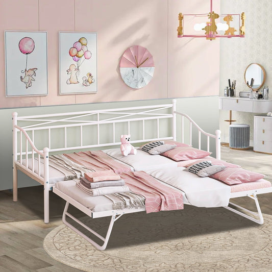SESSLIFE Metal Twin Size Daybeds, Daybed with Trundle for Small Space, Modern Platform Sofa Bed for Living Room Office, Small Space Furniture Bed Frame No Box Spring Needed, White, X2698