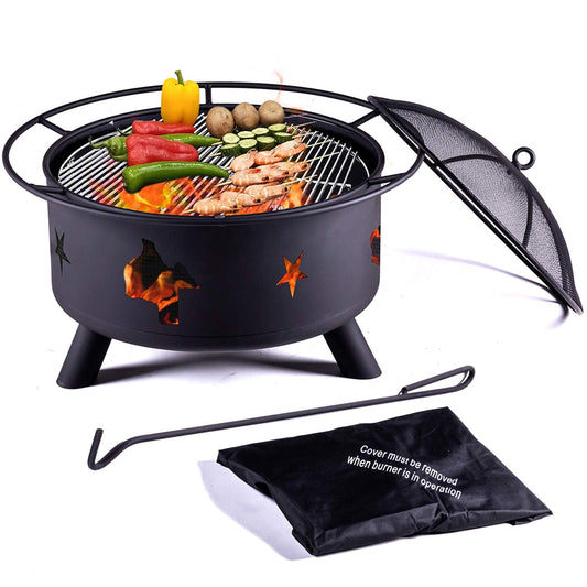 30" Wood Burning Fire Pit, SESSLIFE Round Fire Pit Bowl 30" L x 30" W x 15" H, Steel Outdoor Firepit w/Grilling Grate, Poker, Protection Cover, Portable Fire Pit BBQ Grill for Camping, Black, X1017