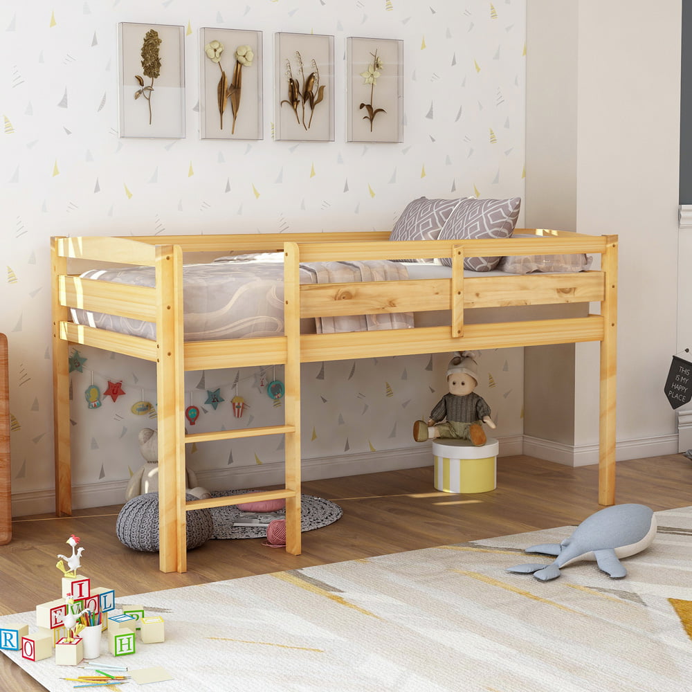 Sesslife Twin Loft Bed for Boys Girls, Wood Loft Bed with Ladder and Safety Guard Rails, Modern Kids Bedroom Furniture, Natural Loft Bed Space Saving Design, X3361