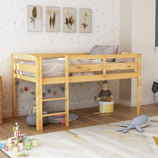 Sesslife Twin Loft Bed for Boys Girls, Wood Loft Bed with Ladder and Safety Guard Rails, Modern Kids Bedroom Furniture, Natural Loft Bed Space Saving Design, X3361