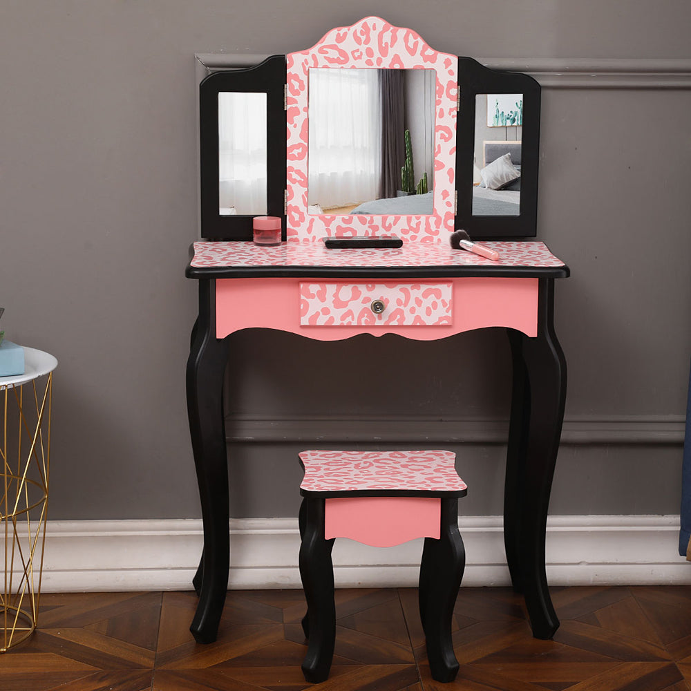 Kids Princess Vanity Table and Chair Set, Kids Vanity Set with Mirror, Makeup Dressing Table for Girls Age 4-9