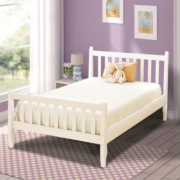 Twin Bed Frame No Box Spring Needed, Sesslife Wood Bed Frame with Headboard and Footboard, Pine Wood Construction, Twin Size Platform Bed Frame for Boys Girls, Easy to Assemble, White