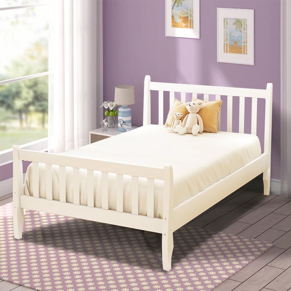 Sesslife Twin Bed Frame No Box Spring Needed, Wood Bed Frame with Headboard and Footboard, Pine Wood Construction, Twin Size Platform Bed Frame for Boys Girls, Easy to Assemble, White