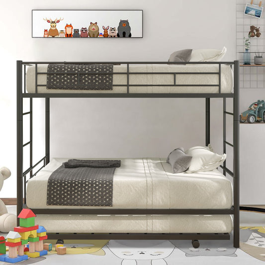 Metal Bunk Bed with Trundle, SESSLIFE Twin over Twin Bunk Beds with Full-length Guardrail and Steel Slats, Modern Twin Bed Frame with Two Sides Ladder for Kids Bedroom Teens Dorm, Black, X2194