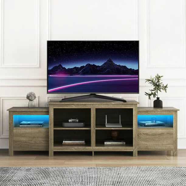 Sesslife Modern TV Stand for 80 Inch TV, White TV Cabinet with 16-color RGB LED Lights, Console Entertainment Center Television Table for Living Room or Bedroom