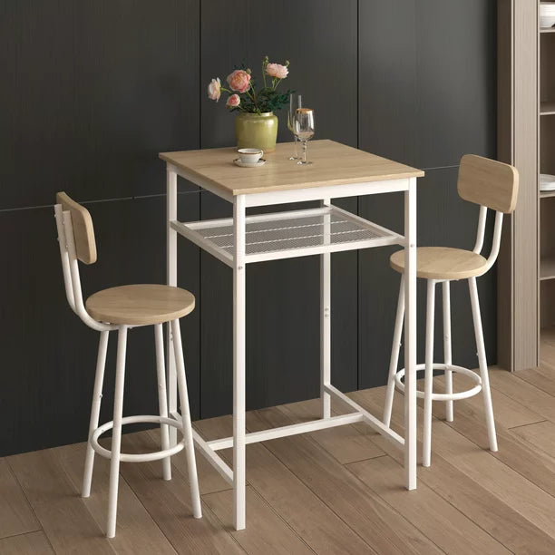 Sesslife 3-Piece Modern Dining Set for Home, Kitchen, Dining Room with Storage Backrest, Square Table with 2 Chairs, Steel Frame, Brown Color