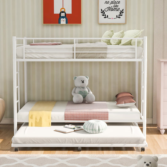 SESSLIFE Twin over Twin Bunk Bed with Trundle, Metal Bunk Bed with Ladder and Safe Guardrails, Bunk Beds for Kids Teens Bedroom, Twin Bunk Bed with Slats Support, No Box Spring Needed, White, X2615