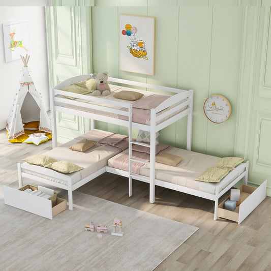 Sesslife Wood Triple Bunk Bed with Drawers, Twin Over Twin L Shaped Bunk Bed with Guardrailsand Ladder for Boys and Girls, Space Saving Pine Wood Bed Frame, White