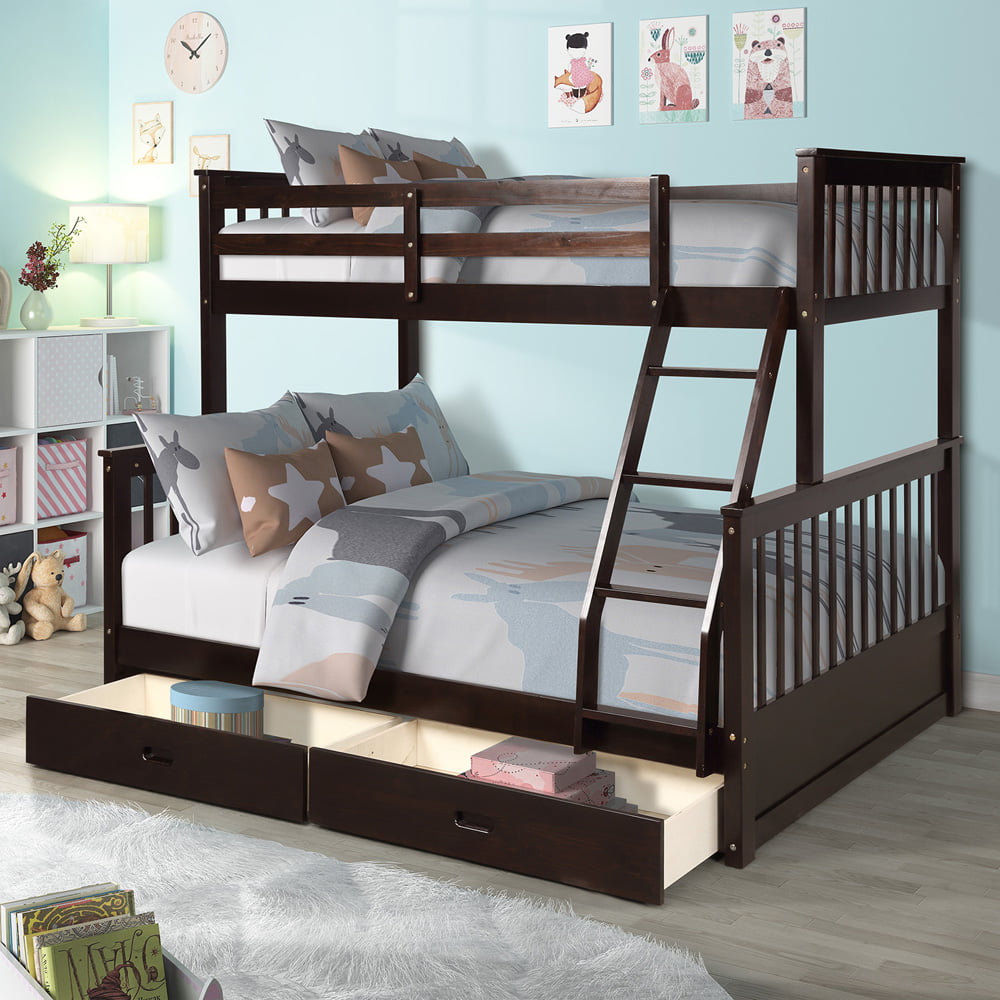 SESSLIFE Twin over Full Bunk Bed, Wood Bunk Bed with Drawer and Guard Rail, Kids Bunk bed with Ladder & Slats Support, Space Saving Storage Bed Frame for Bedroom Dorm, Espresso, X2446