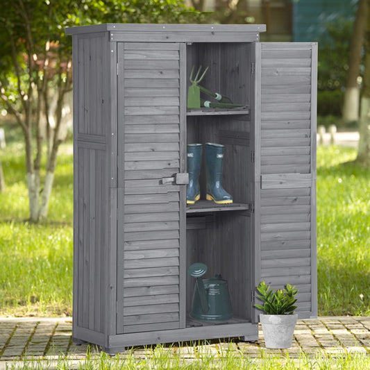 Sesslife Wooden Storage Sheds, Outdoor Storage Cabinet with Water-proof Roof, 3 Tiers Tool Storage Shed with Adjustable Shelves and Legs for Garden Patio Yard, Shutter Doors Design, Gray, X3258