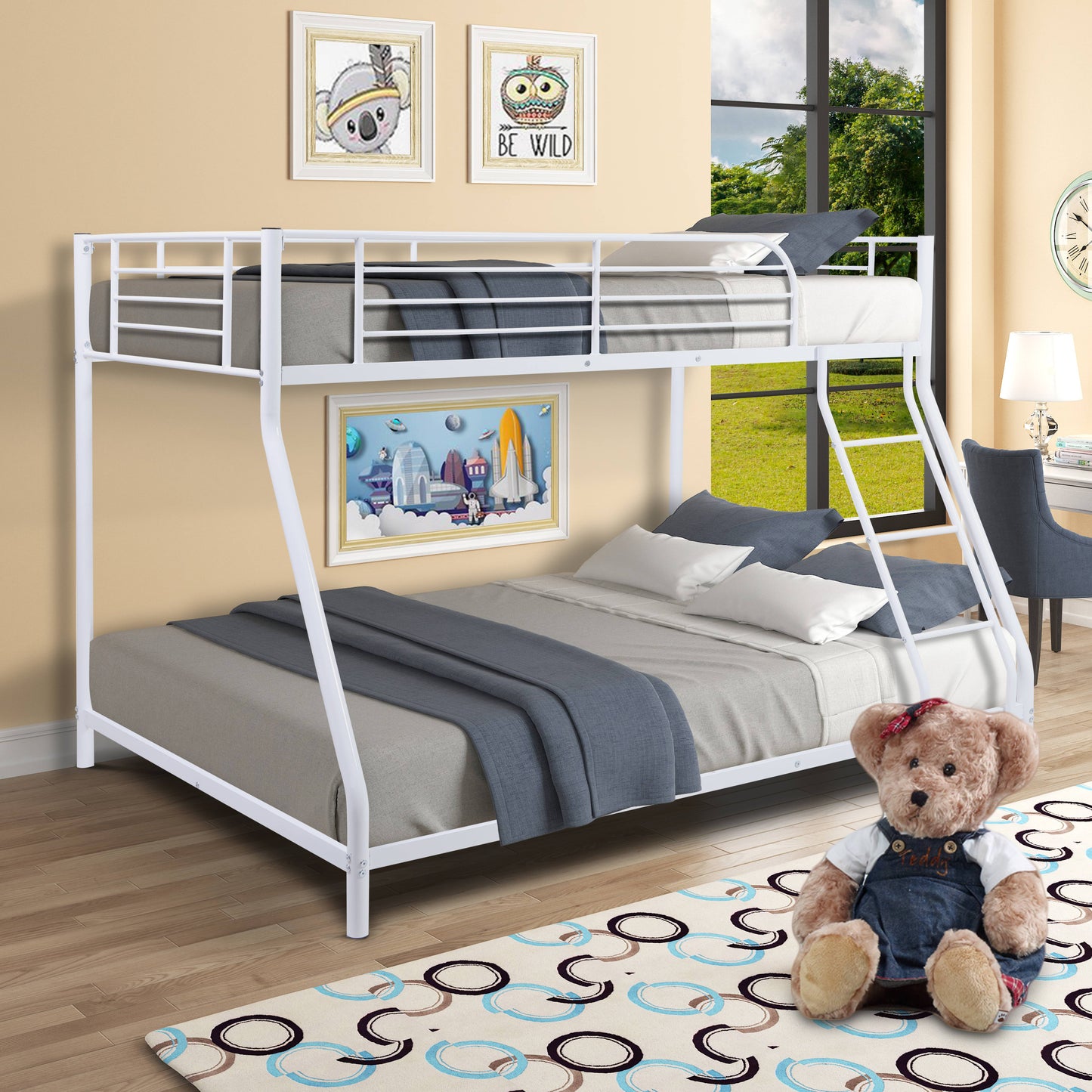 Twin Over Full Bunk Bed, SESSLIFE Metal Bunk Bed for Boys Girls, Teens Kids Bed Frame with Safety Guardrail and Ladder, Twin Full Bed No Box Spring Needed, Space Saving Bunk Bed, White, X1981