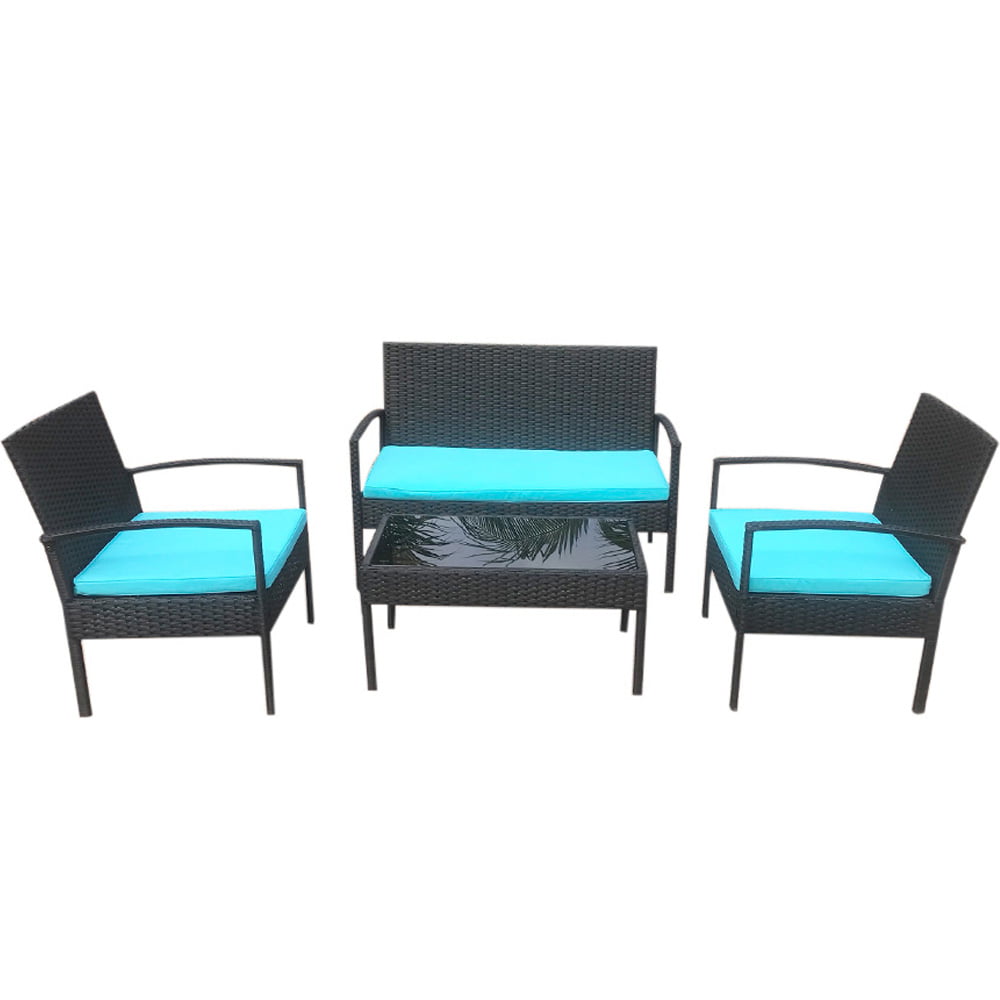 4 PCS Patio Furniture Set, Sesslife Wicker Outdoor Furniture Set with 2 Chairs, Loveseat, Tempered Glass Table, Patio Sectional Sofa Set for Yard Garden, 4-Person Cushioned Conversation Set, Black