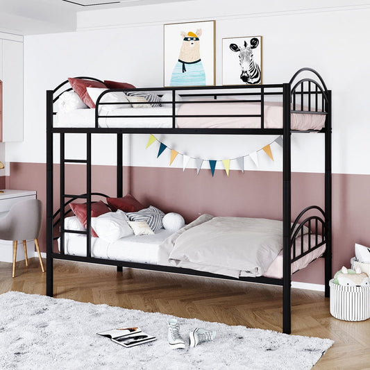 Metal Bunk Bed Twin over Twin, SESSLIFE Kids Bunk Beds with Ladder & Safety Guardrail, Twin Bunk Beds for Kids Boys Girls, Divided into Two Beds, No Box Spring Needed, Black, X2898