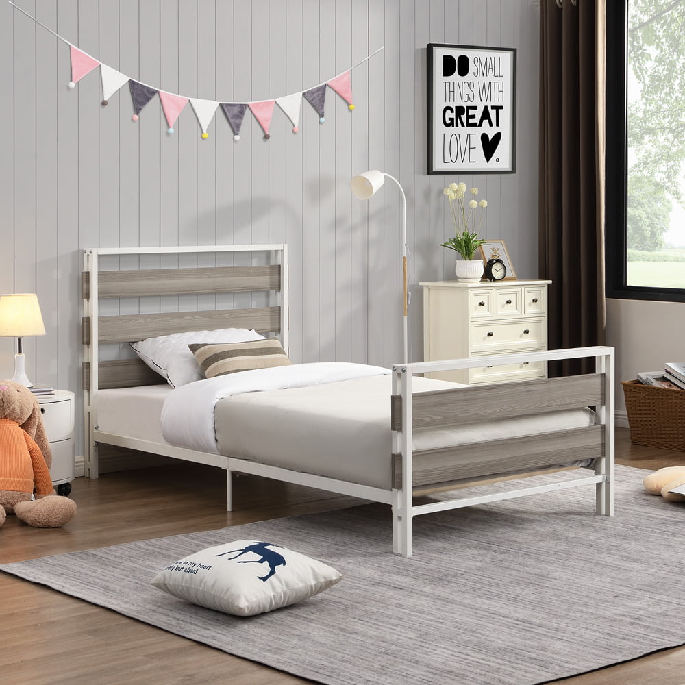 SESSLIFE Twin Bed Frames, Metal Platform Bed with Wooden Headboard and Footboard, Twin Size Bed Frame No Box Spring Needed, Bedroom Mattress Foundations, Easy Assembly, White, X2814