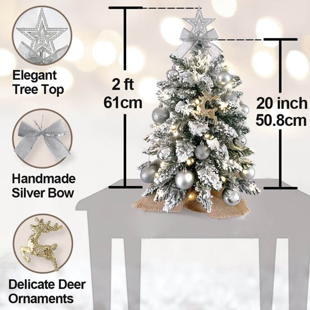 Christmas Tree with LED Lights, SESSLIFE 20 Inches Tabletop Mini Christmas Trees Indoor, Flocked Christmas Tree for Holidy Christmas Decorations, Silver Small Lighted Tabletop Christmas Tree, X1253