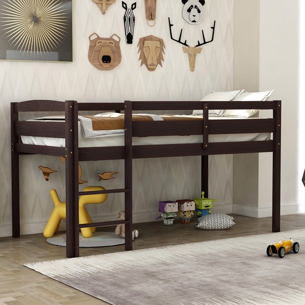 Low Loft Beds, Sesslife Twin Loft Bed with Ladder and Safety Guard Rails, Wood Loft Bed Frame No Box Spring Needed for Boys Girls, Kids Bedroom Furniture, Easy Assembly & Space Saving, Espresso, X3374