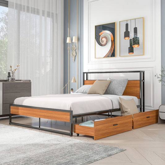 Sesslife Platform Bed Queen Size, Metal Bed Frame with 2 Drawers for Bedroom, Modern Industrial Black Bed Frame with Sockets and USB Ports, Storage Queen Bed No Box Spring Needed, 770 LBS