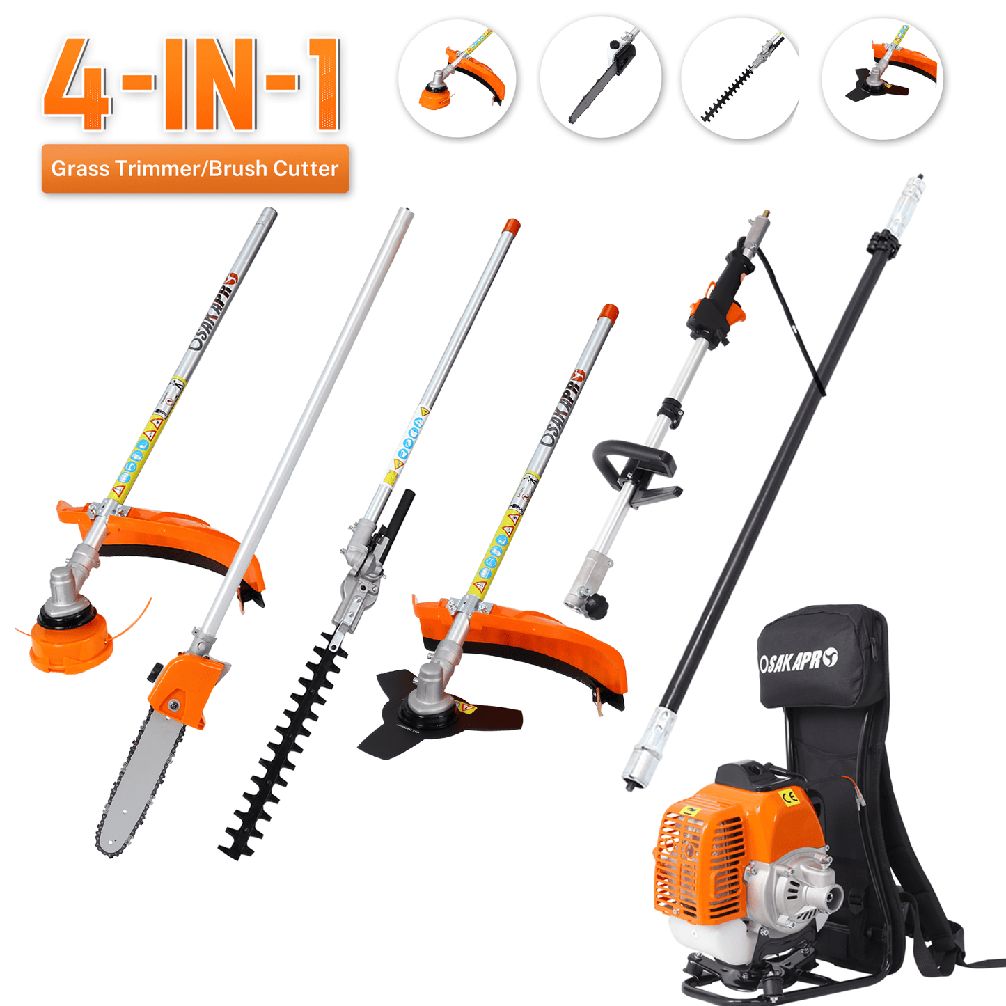Sesslife 52CC 2-Cycle Grass Trimmer, Backpack 4 In 1 Gas Powered Lawn Mower Full Crankshaft Grass Edger with Gas Pole Saw, Hedge Trimmer, Grass Trimmer, Brush Cutter Attachment, Orange