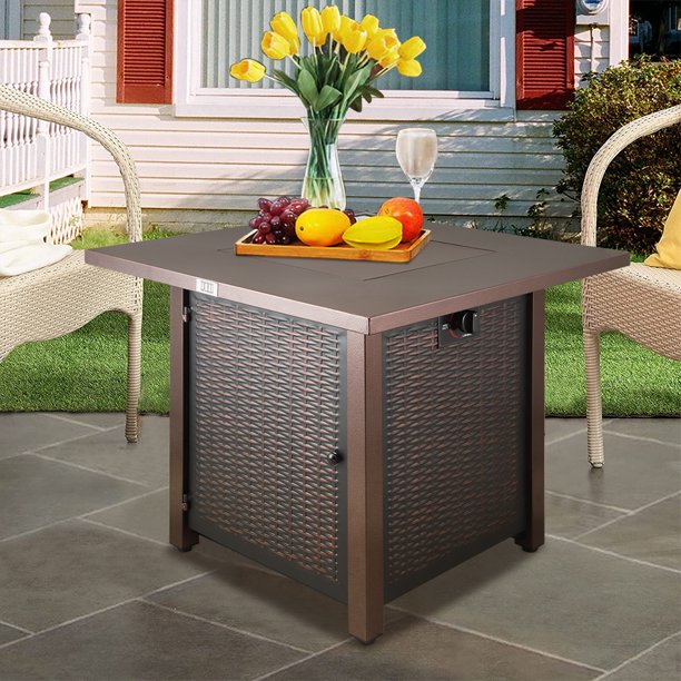SESSLIFE Outdoor Gas Fire Pit, 28" Propane Fire Pit for Patio Backyard, Square Fire Pit Table with Steel Frame, 40,000 BTU Heat Firepit with Lid, Poker, Lava Rocks, Bronze, X553
