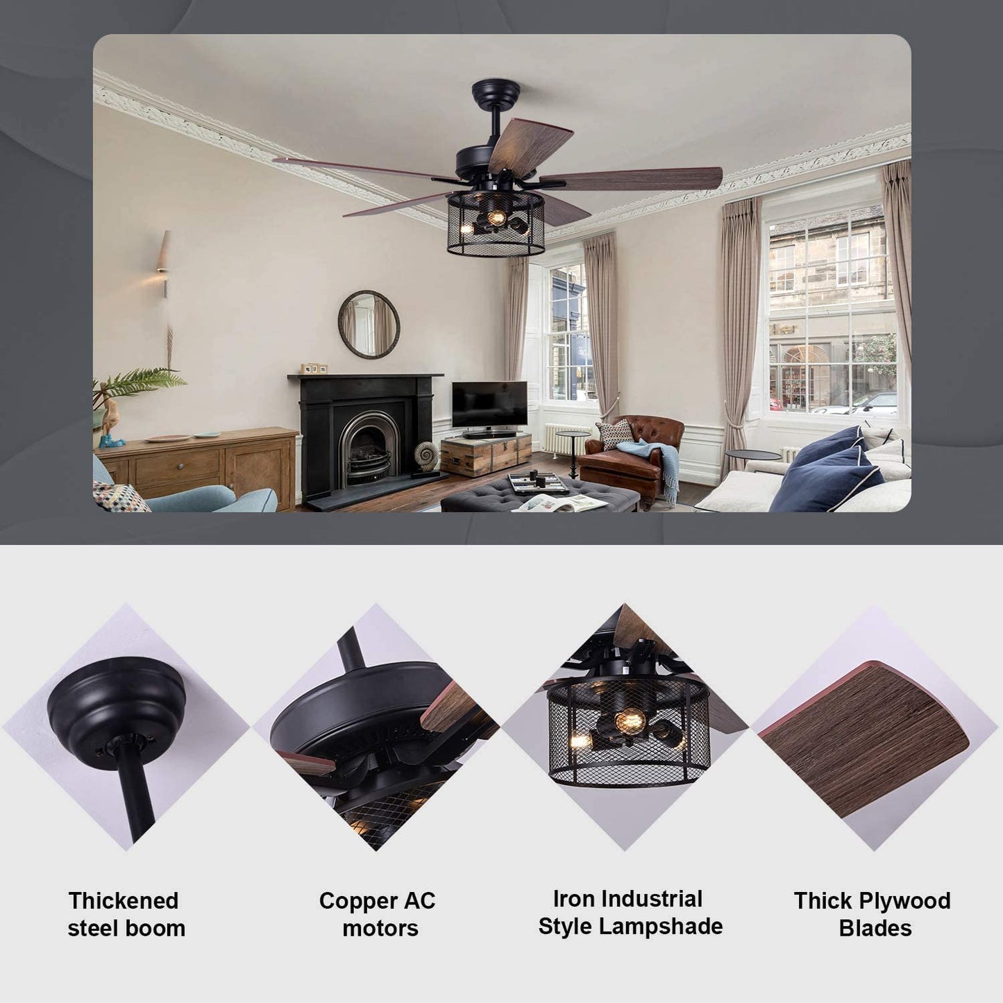 52" Ceiling Fan with Remote and Light, 5 Plywood Blades Ceiling Fans,  Black, DT27