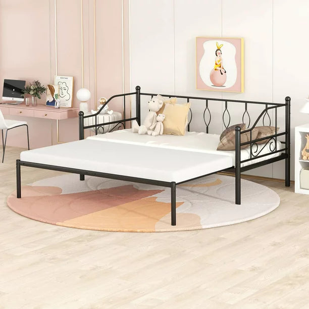 Twin Daybed with Trundle, SESSLIFE Metal Daybed Frame with Pop Up Trundle, No Box Spring Needed, Twin Size Sofa Bed with Steel Slats Support for Living Room Office, Black, X2705