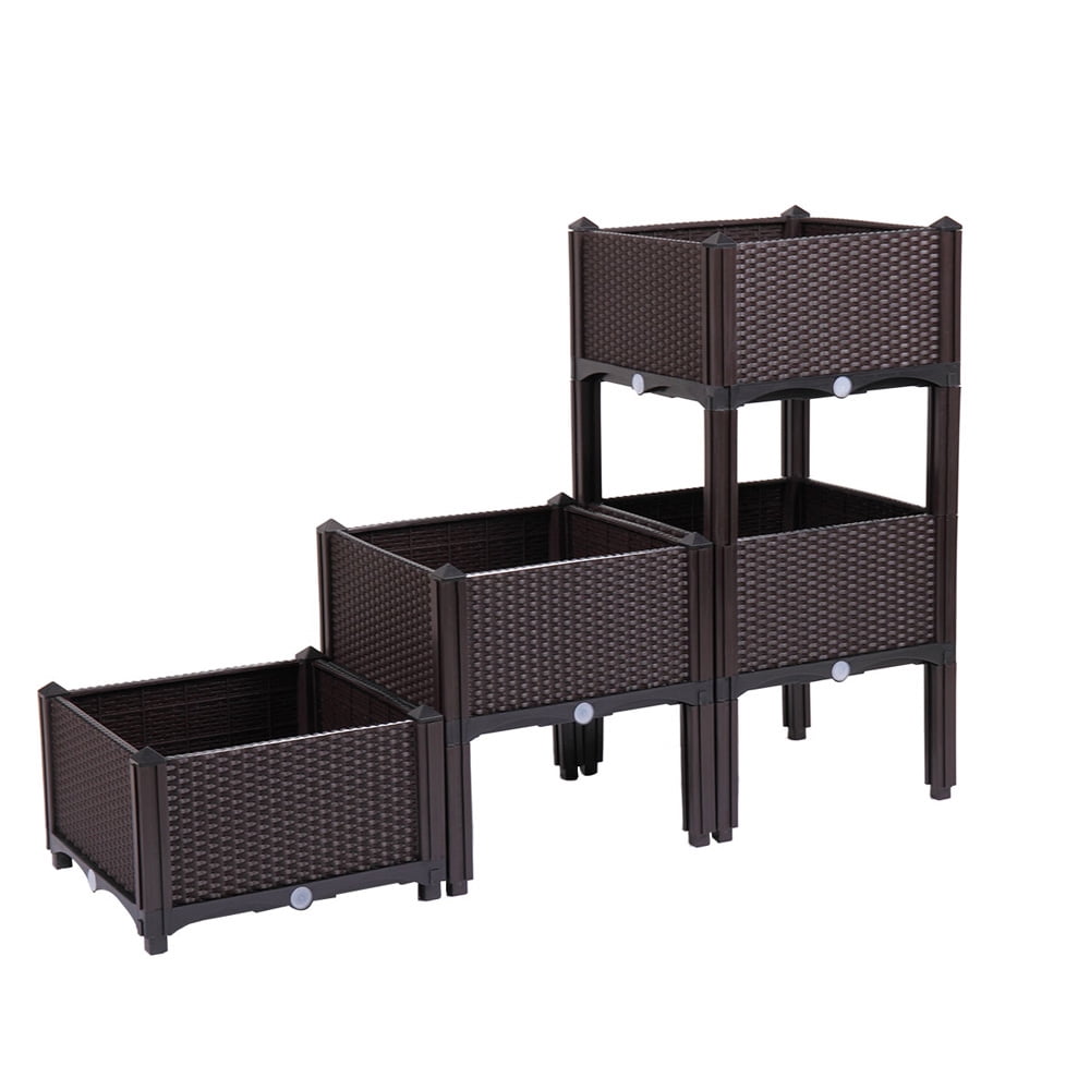 Sesslife Plastic Raised Garden Bed, Set of 4 Planter Grow Box, 15" L x 15" W x 16" H Elevated Planter Box for Balcony Patio Garden, Indoor or Outdoor Use Planter, Dark Brown Realistic Rattan