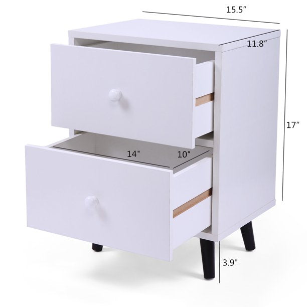 SESSLIFE Set of 2 Bedside Table, Modern Bedroom Wood Nightstand with 2 Drawers, Low Foot End Table, White, X324