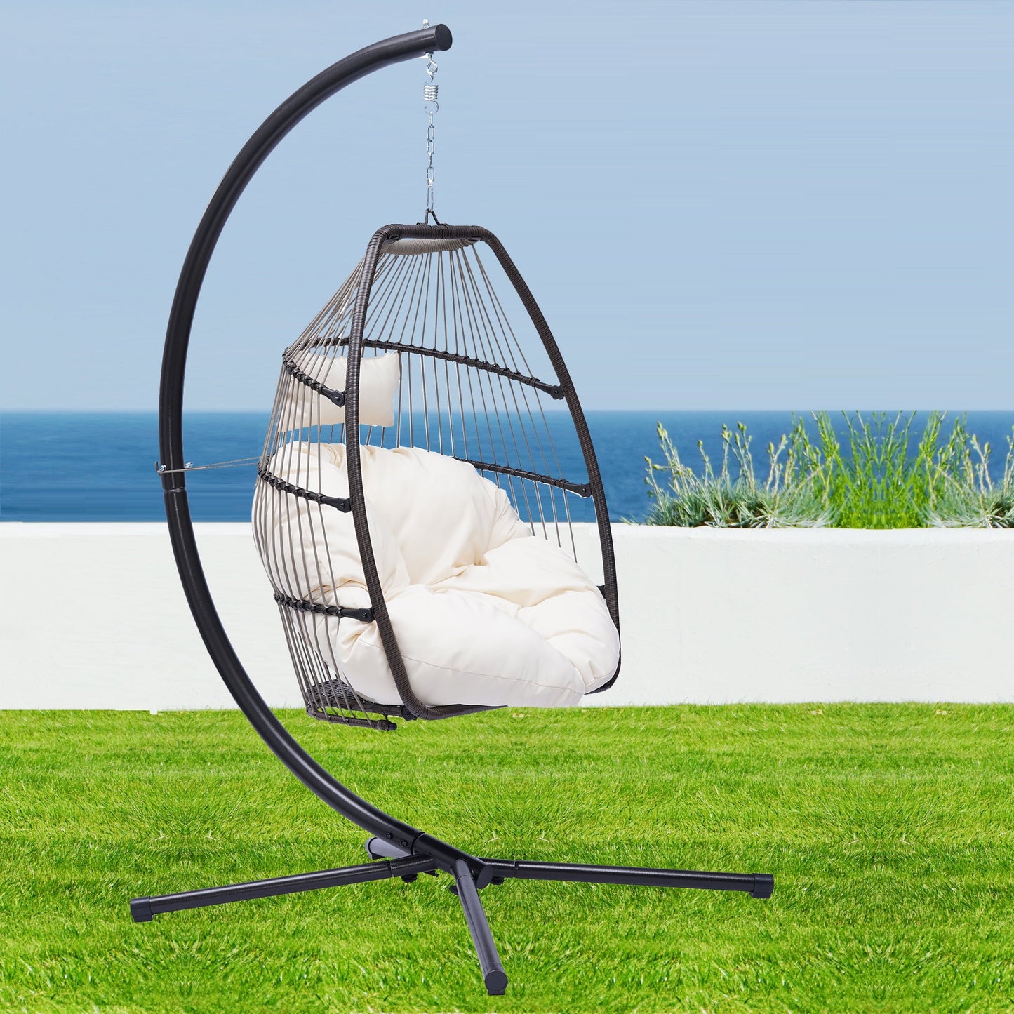 Egg Chair for Outdoor Indoor, Sesslife Patio Hanging Chair with Stand, Steel Frame, Rattan Swing Chair with Seat Cushion & Pillow, Folding Chair for Garden Patio Porch Bedroom, White, X3293