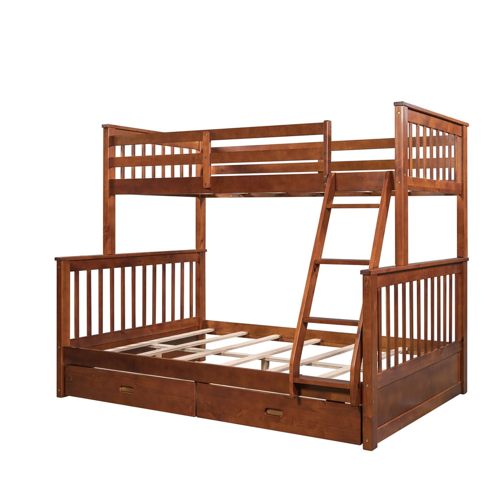 Twin over Full Bunk Bed with Drawers, SESSLIFE Wood Bunk Bed with Ladder and Safe Guardrails, Kids Bed Frame No Box Spring Needed, Platform Bed Frame with Storage for Kids/Teens Bedroom, Walnut, X2456